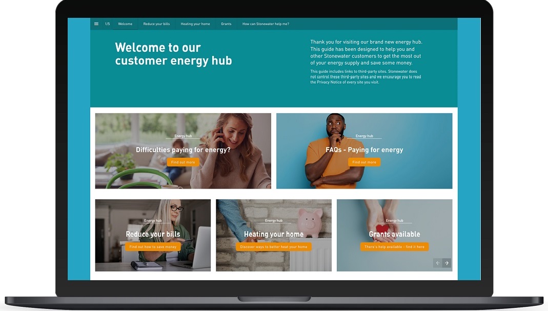 Laptop screen showing Stonewater's energy hub for customers